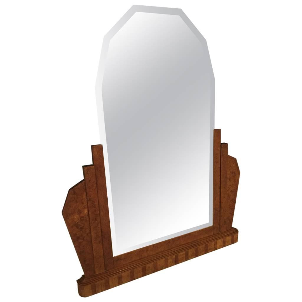 French Art Deco Burl Wood Wall Mirror Modernism